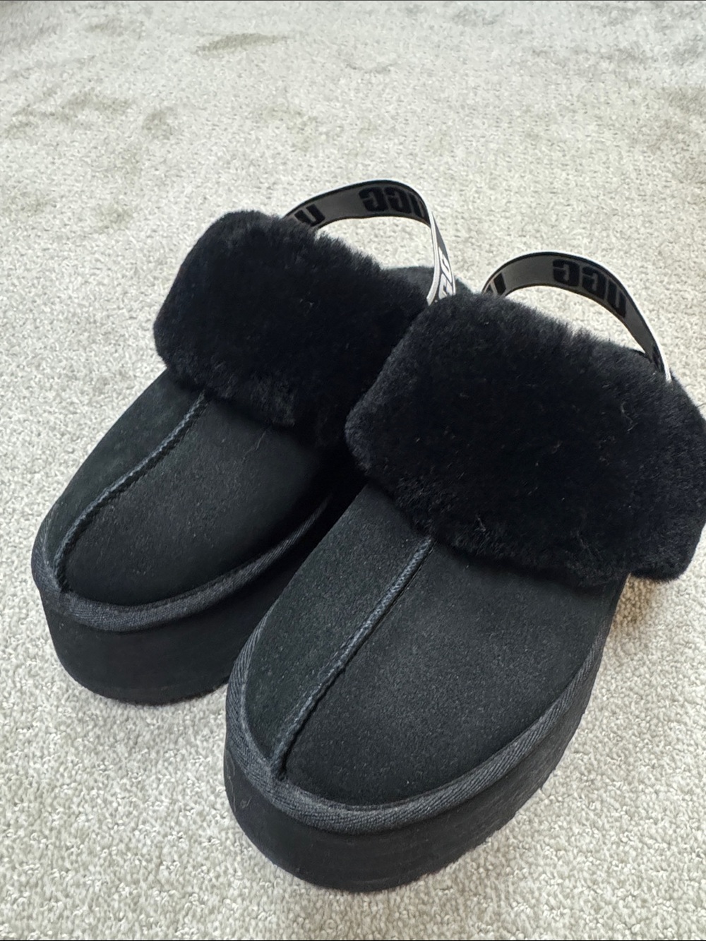 UGG Funkette Black Faux-Fur Platform Slingback Mules